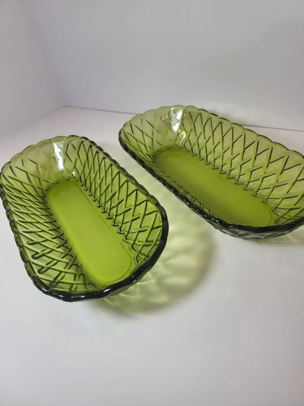 Vintage Avocado Green Glass Celery Dishes Set of 2,MCM Olive Green Serving Bowls